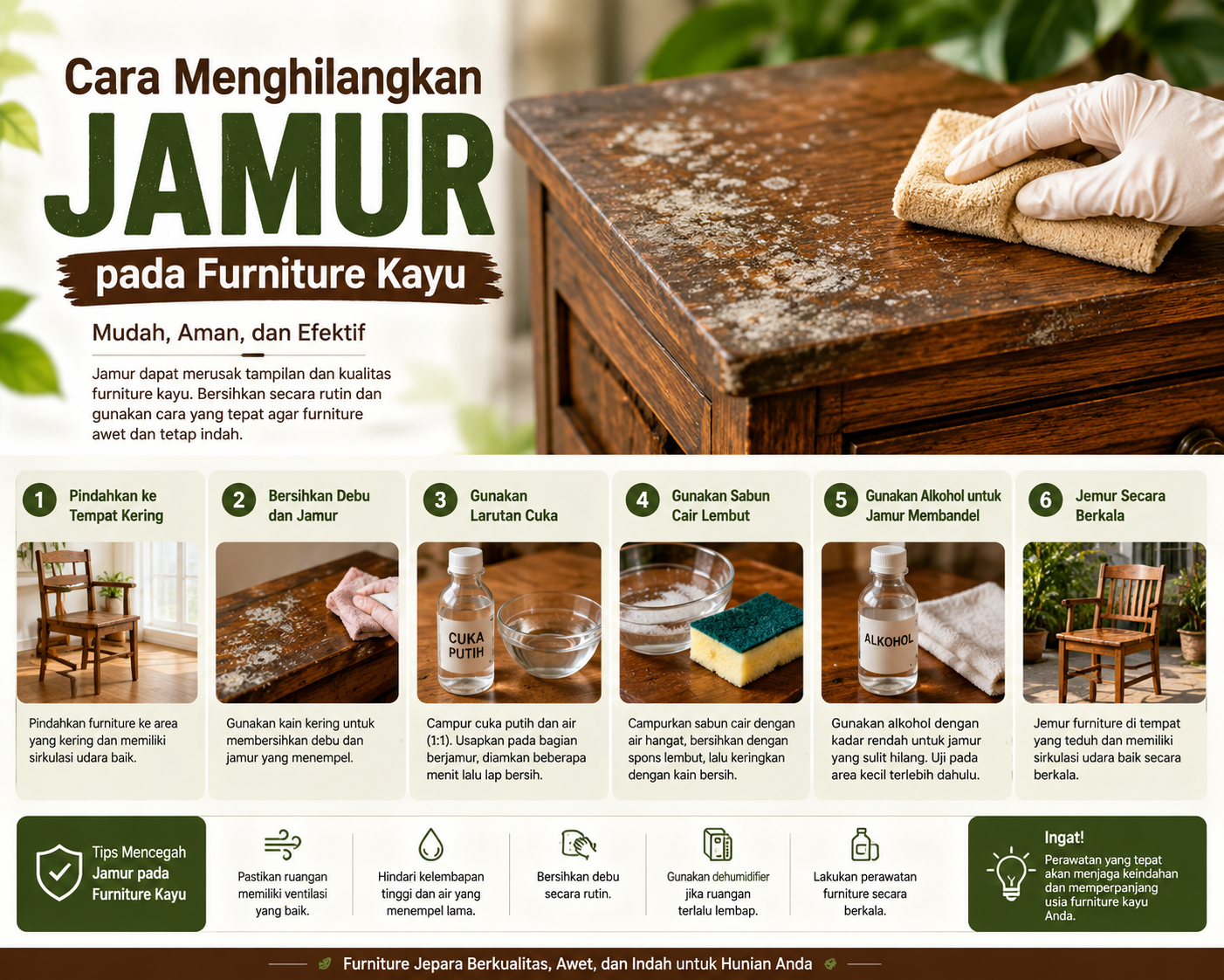 Cara membersihkan jamur pada furniture kayu jati dan furniture Jepara.