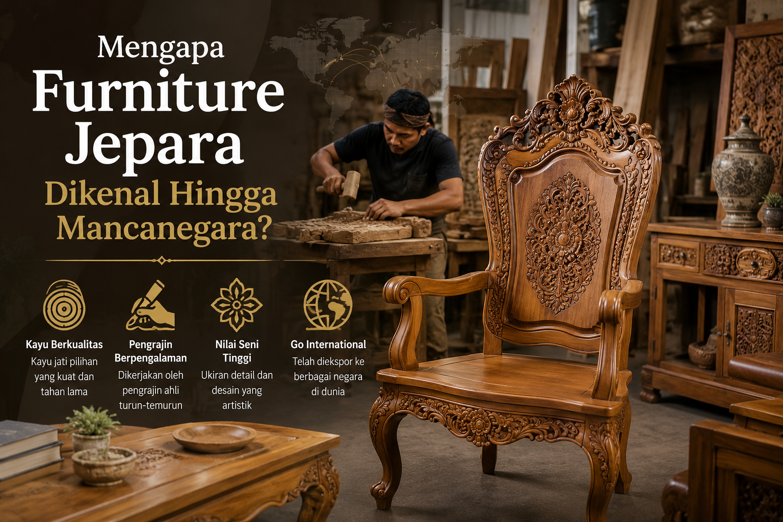 Pengrajin furniture Jepara membuat mebel kayu jati berkualitas untuk pasar ekspor.